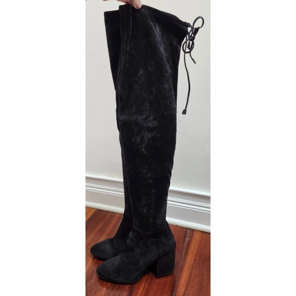 Aquatalia Women’s 6 Black Suede Over The Knee Boots Made in Italy Block Heel Tie